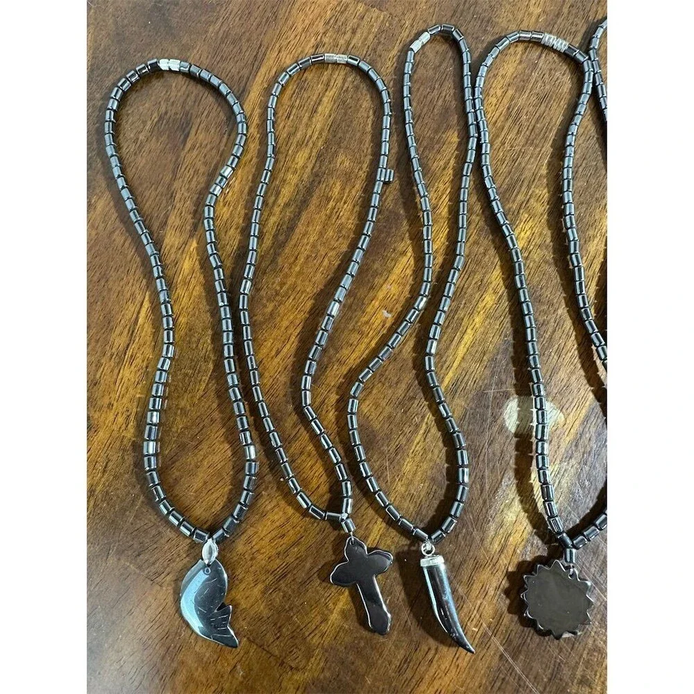 6Pc Hematite Stone Pendant Necklace Lot Fish Cross Anchor Horn Sun Heart